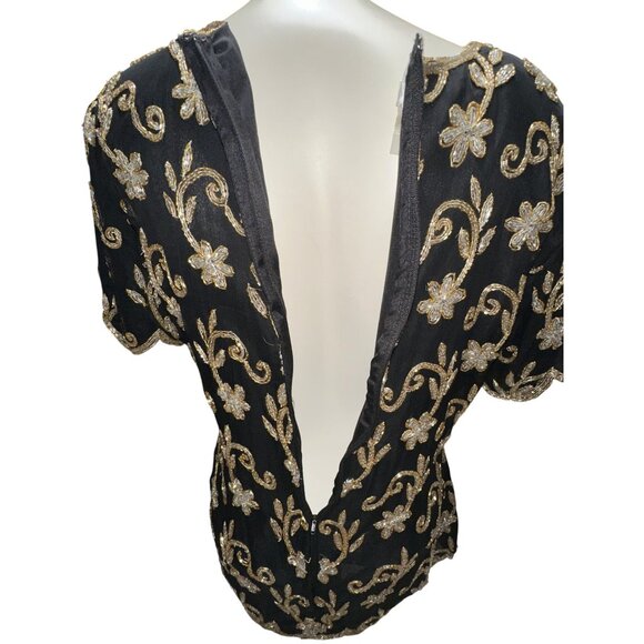 Stenay Small Black Gold All Silk Beaded Sequin Floral Blouse Vintage Evening Top - Picture 7 of 13